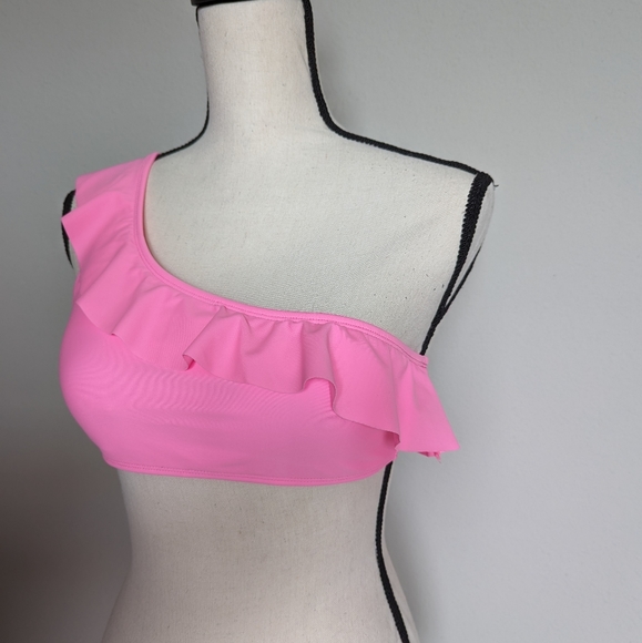 Bright pink ruffle trim one shoulder bikini top size S M L - Picture 4 of 6